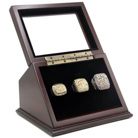 NFL 1997 1998 2015 Denver Broncos Super Bowl Championship Replica Fan Rings with Wooden Display Case Set