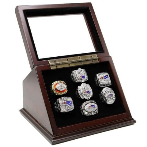 NFL 1985 2001 2003 2004 2007 2011 2014 New England Patriots Super Bowl Championship Replica Fan Rings with Wooden Display Case Set